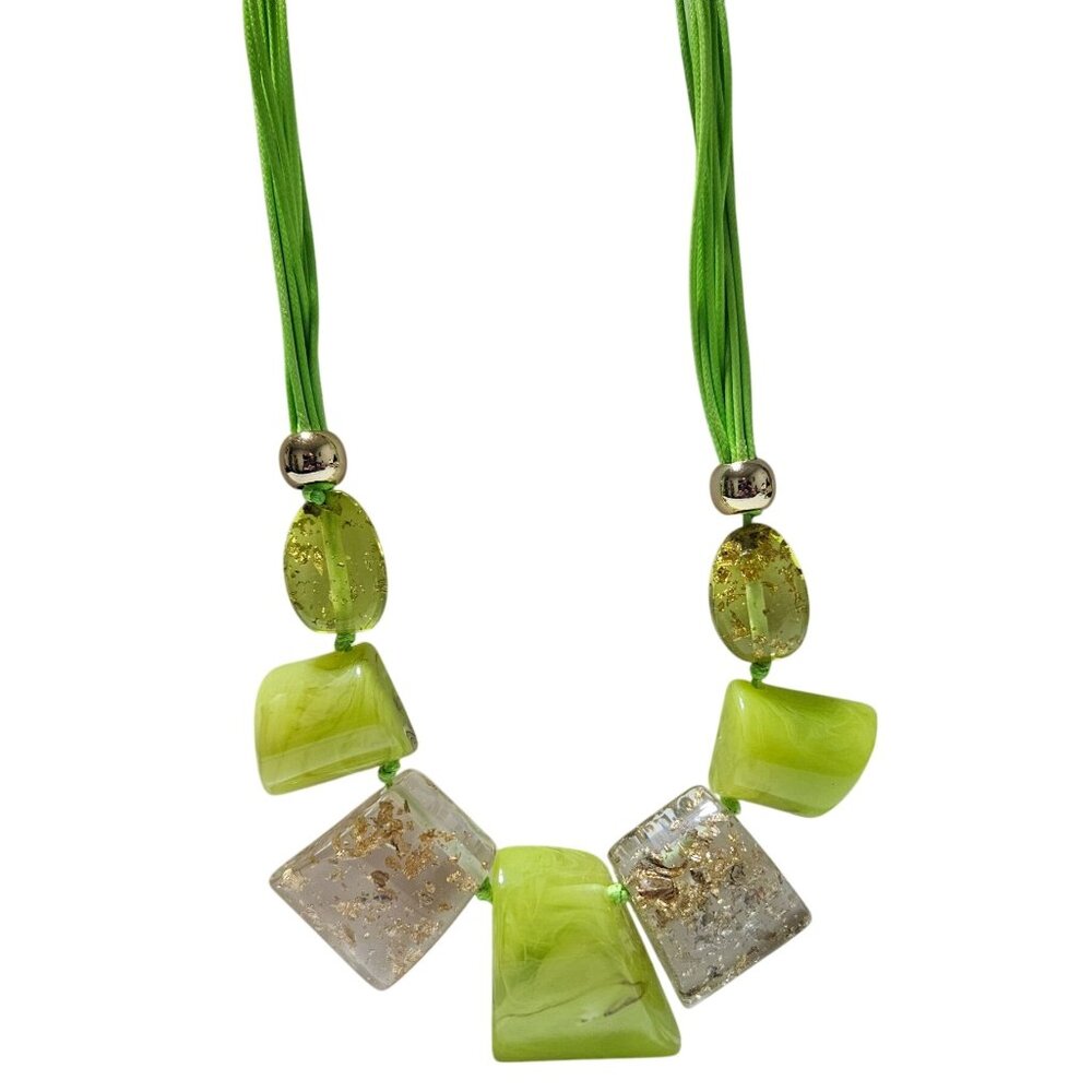 Funky Retro Chunky Green Gold Necklace Geometric Beads 70s Fashion Jewelry Women